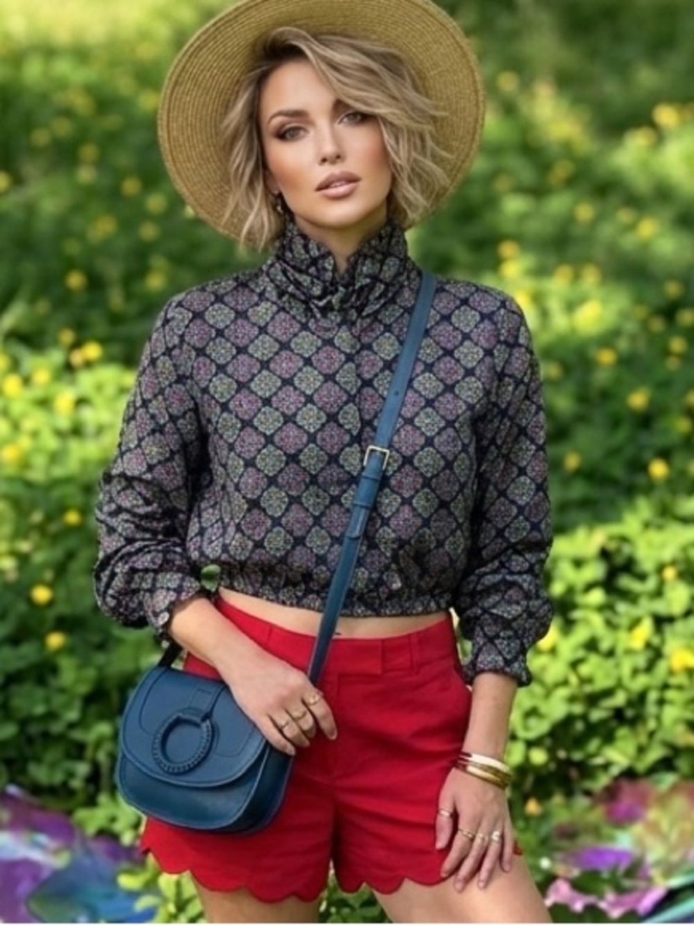 Geometric Floral Navy Multi color Print Multi Pleat Neck Crop Long sleeve top 4